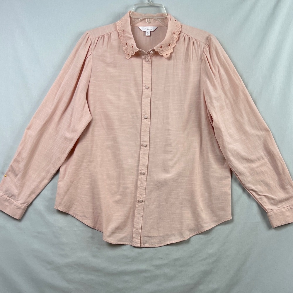LC Lauren Conrad Button Down Shirt Womens Large Pink Eyelet Scallop Collar